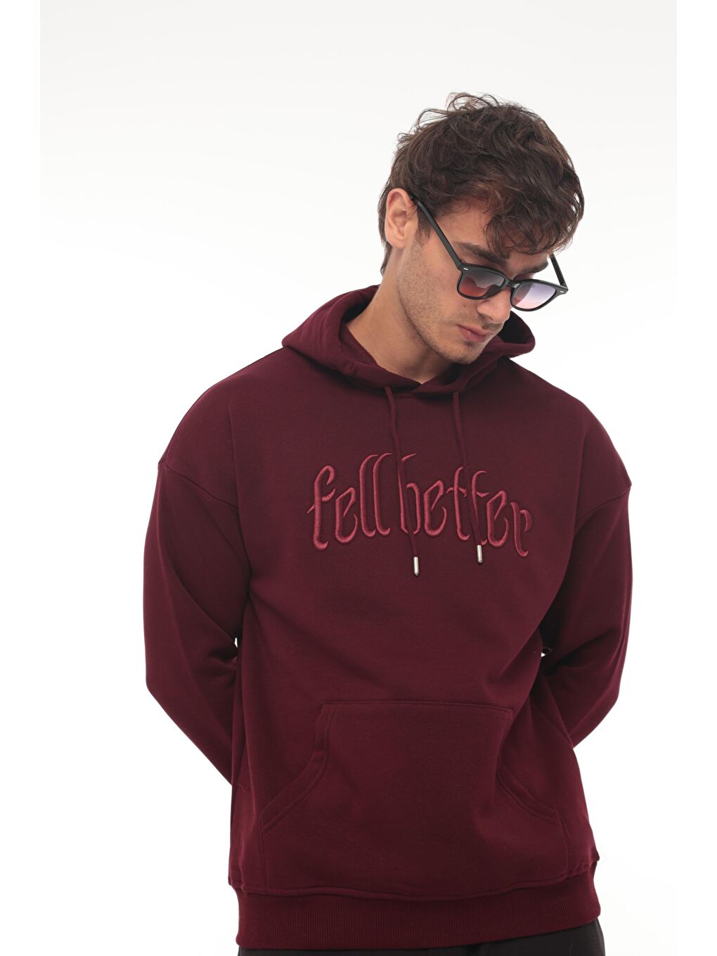 Miron Bordo Fell Better Nakışlı Kapüşonlu Üç İplik Oversize Sweatshirt