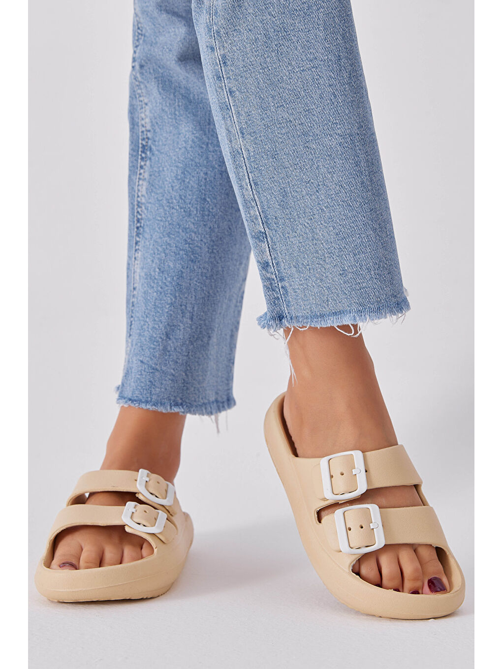 Ekru Kadın Krem Rahat Kalıp Tokalı Yüksek Taban Eva Terlik-2