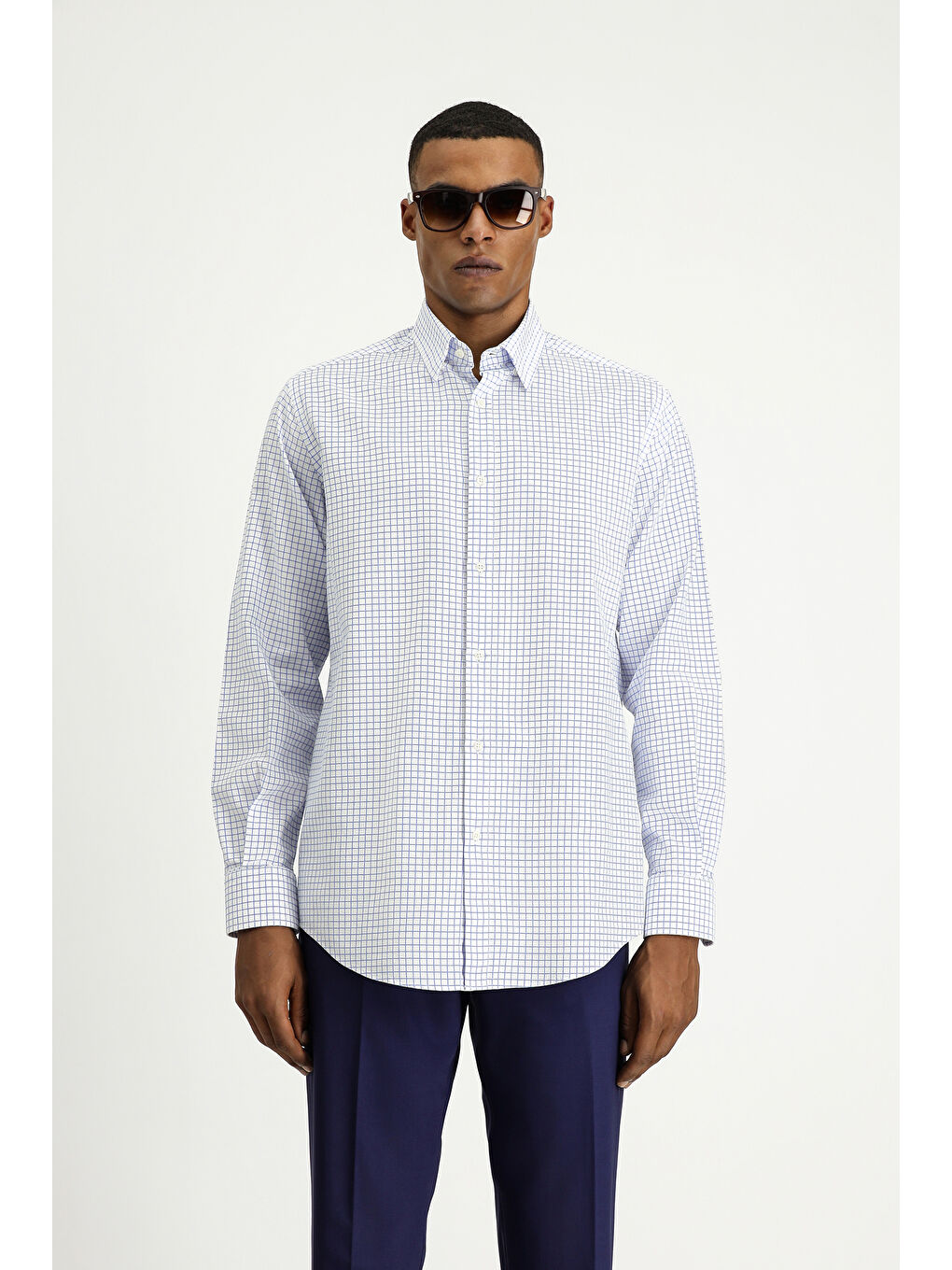 Mavi Uzun Kol Regular Fit Ekose Pamuk %100 Pamuk Gömlek-3