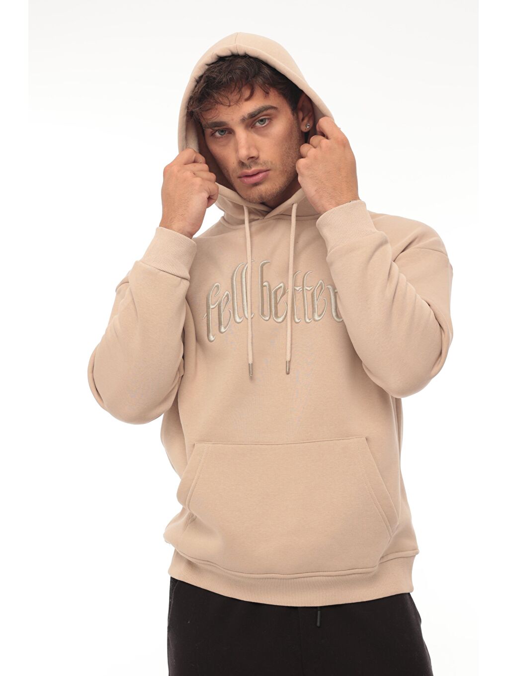 Miron Bej Fell Better Nakışlı Kapüşonlu Üç İplik Oversize Sweatshirt - 1