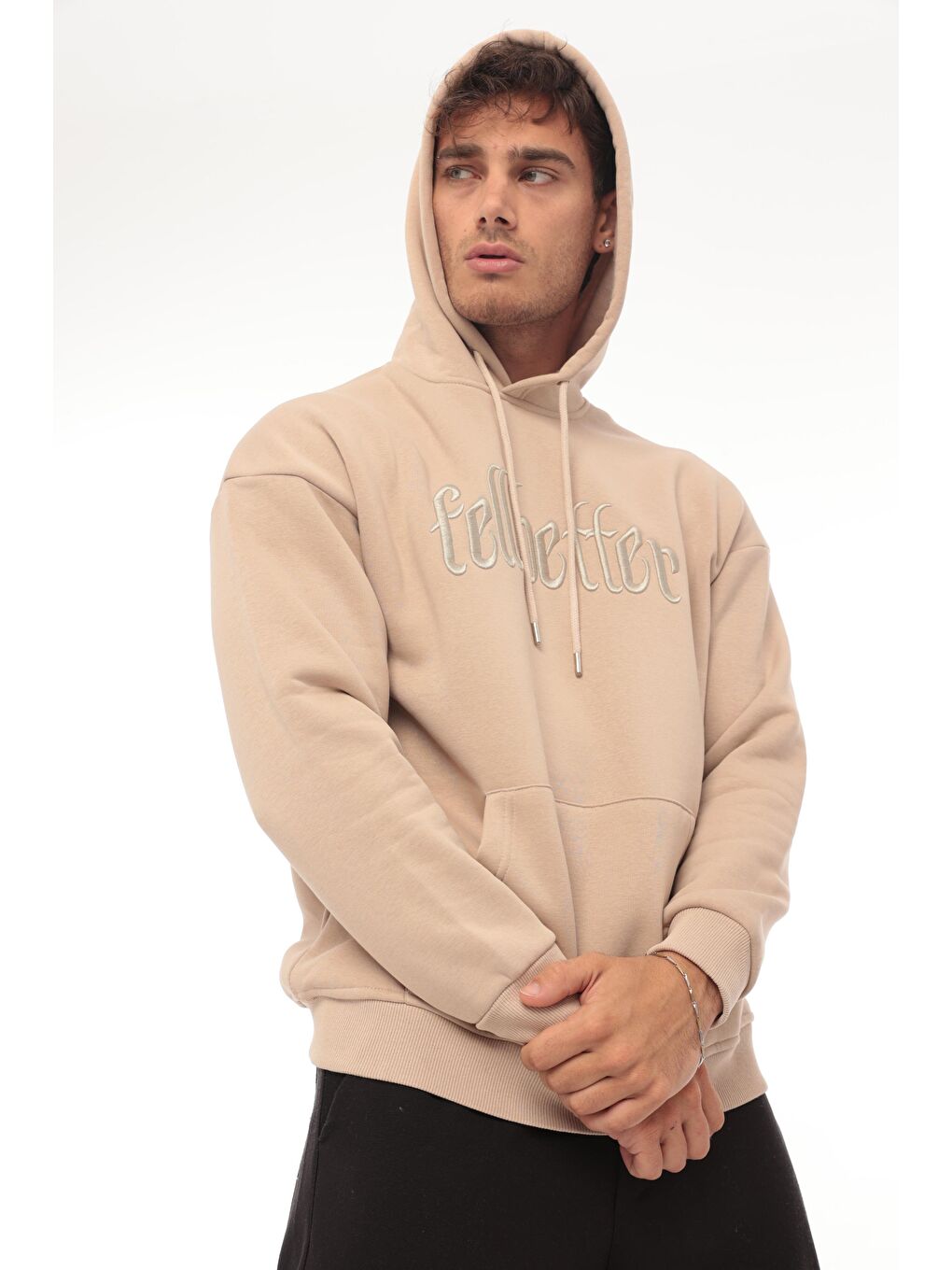 Miron Bej Fell Better Nakışlı Kapüşonlu Üç İplik Oversize Sweatshirt - 4