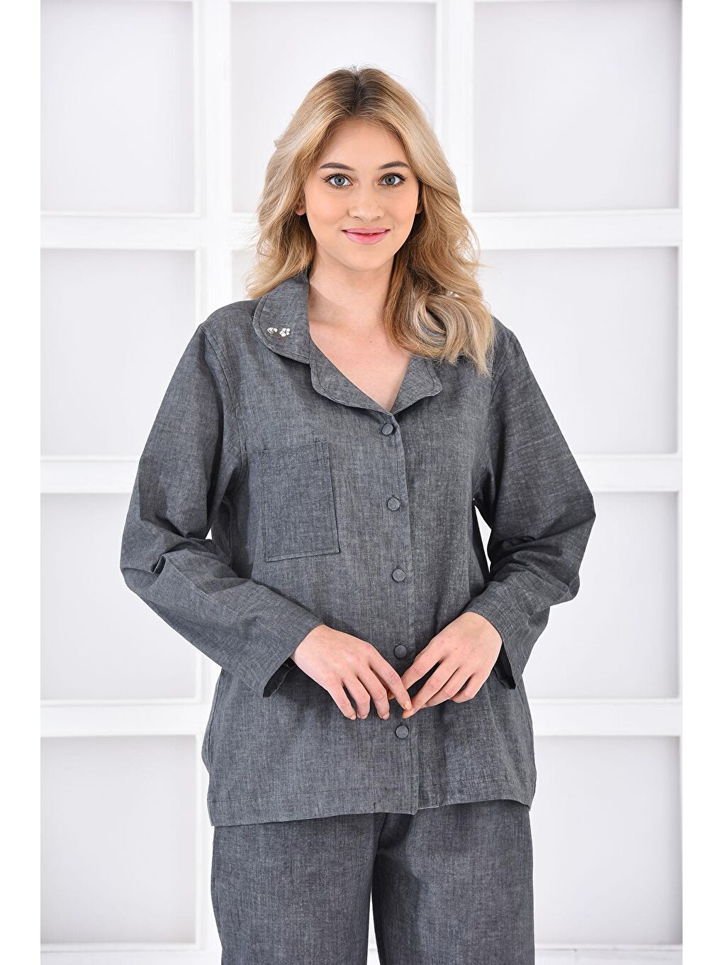 Helen Kadın Pijama Takımı %100 Organik Pamuk Keten Karışımlı Antrasit-1