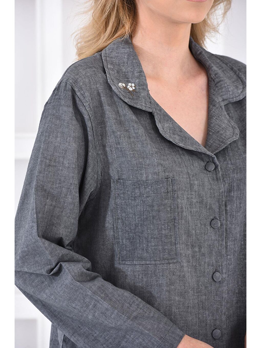 Helen Kadın Pijama Takımı %100 Organik Pamuk Keten Karışımlı Antrasit-2