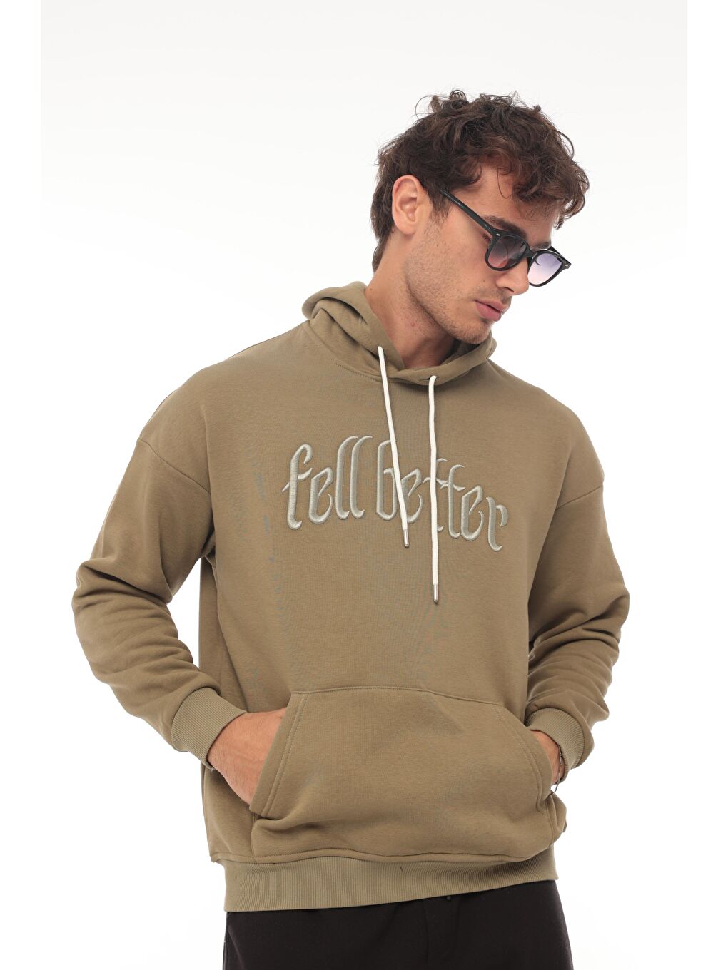 Miron Haki Fell Better Nakışlı Kapüşonlu Üç İplik Oversize Sweatshirt