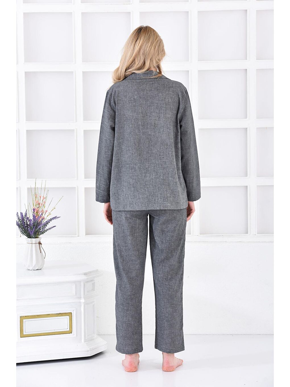 Helen Kadın Pijama Takımı %100 Organik Pamuk Keten Karışımlı Antrasit-3