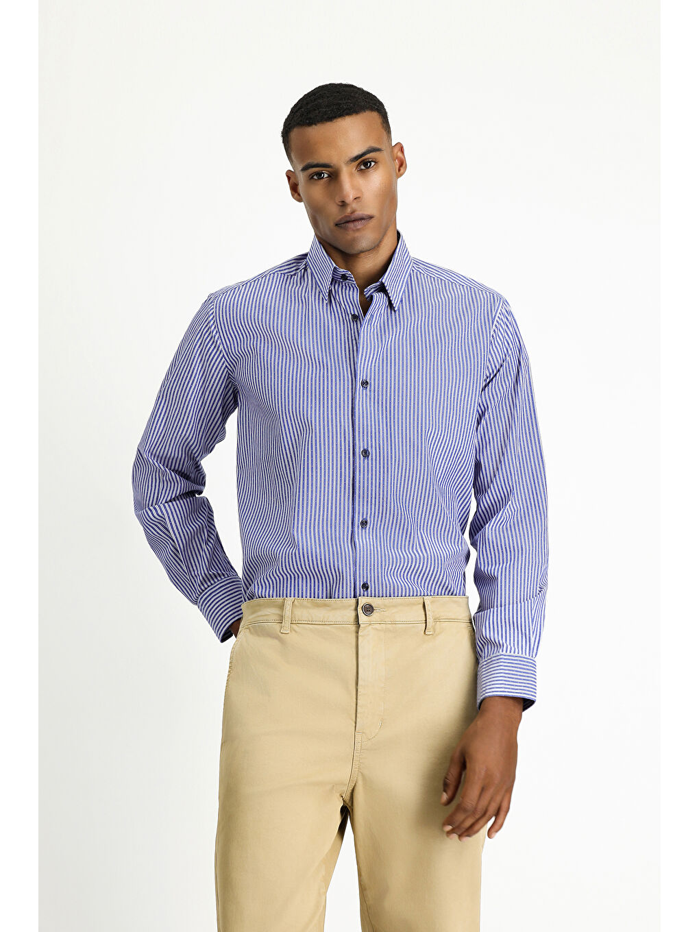 Lacivert Uzun Kol Klasik Çizgili Pamuk Gömlek-2