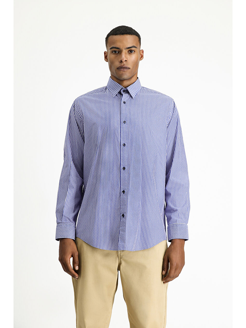 Lacivert Uzun Kol Klasik Çizgili Pamuk Gömlek-3