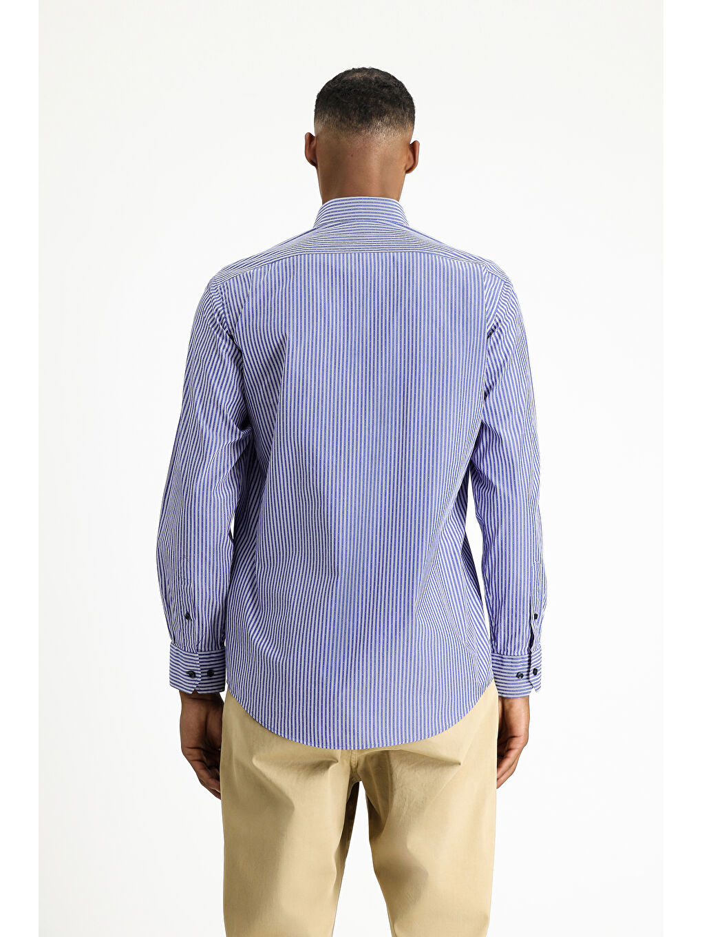 Lacivert Uzun Kol Klasik Çizgili Pamuk Gömlek-4