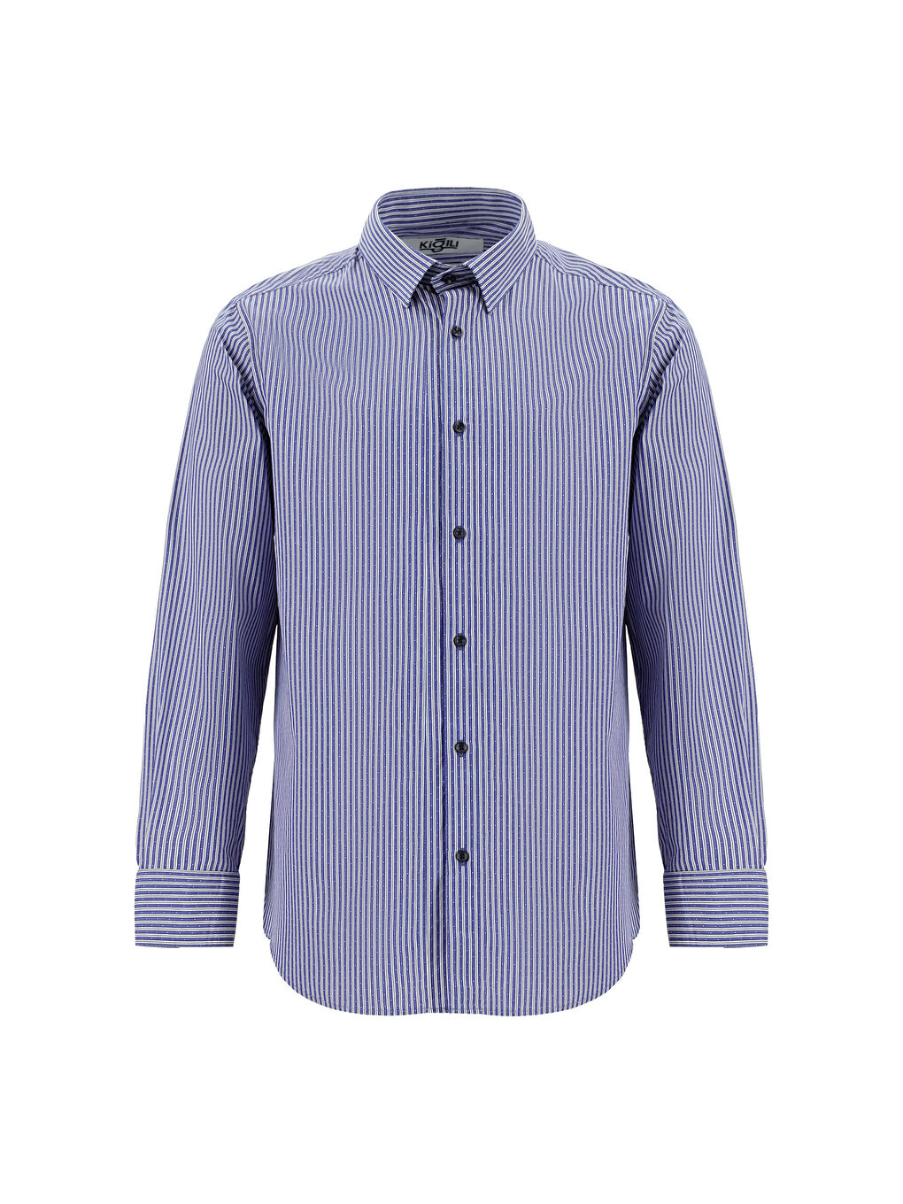 Lacivert Uzun Kol Klasik Çizgili Pamuk Gömlek-5