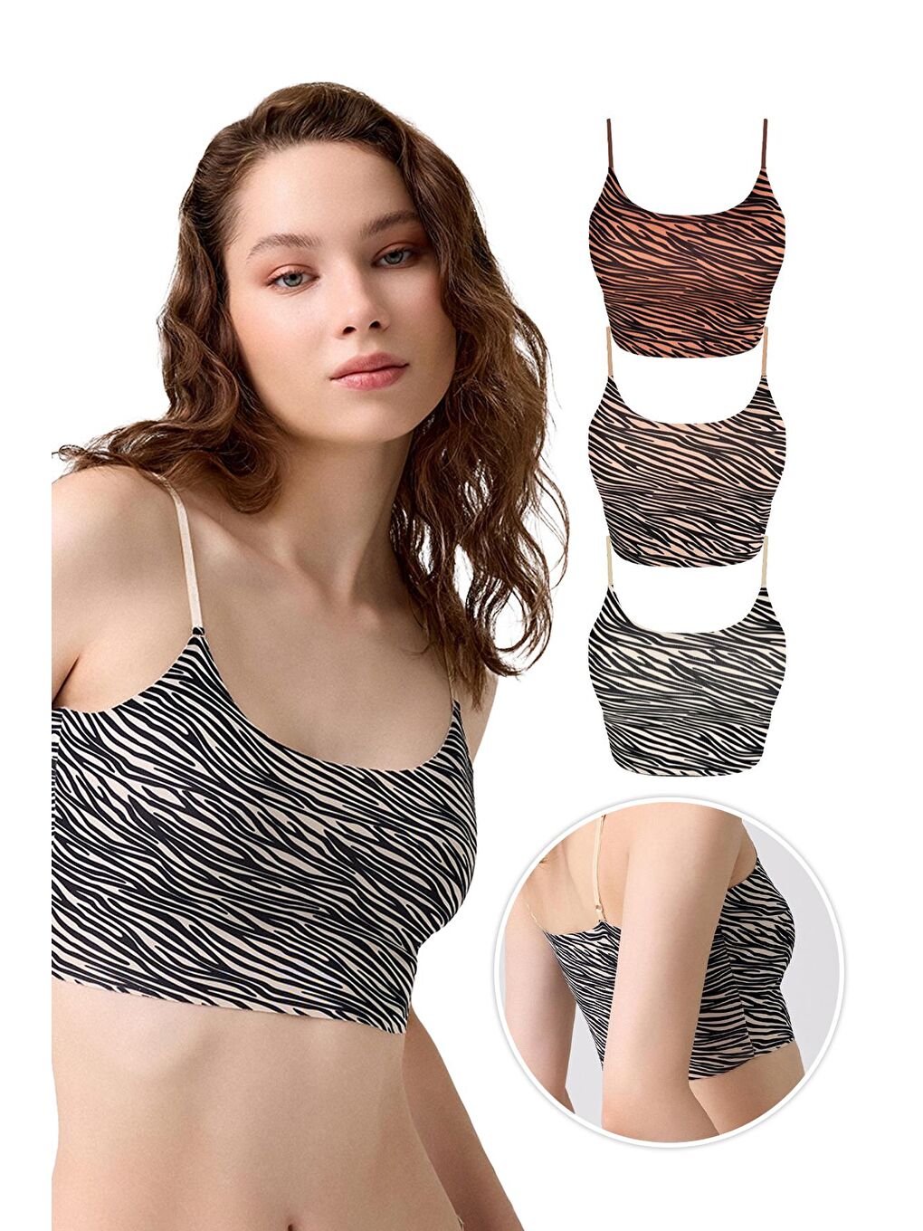Karışık Desenli Lazer Kesim Ayarlanabilir İnce Askılı Crop Büstiyer 3'Lü Paket-1-1