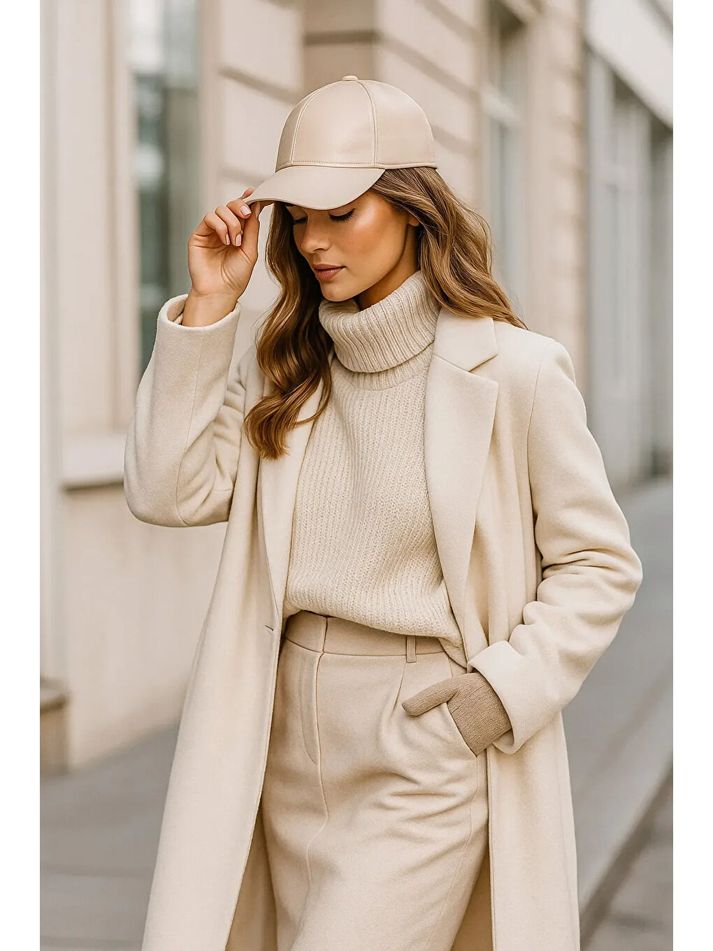 Unisex Bej Deri Kep Şapka Spk1104