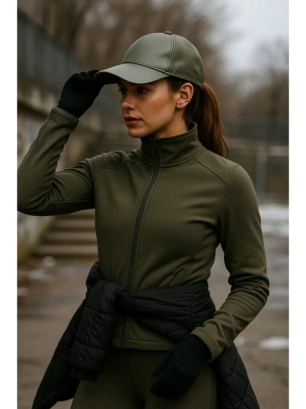 Unisex Haki Deri Kep Şapka SPK1104