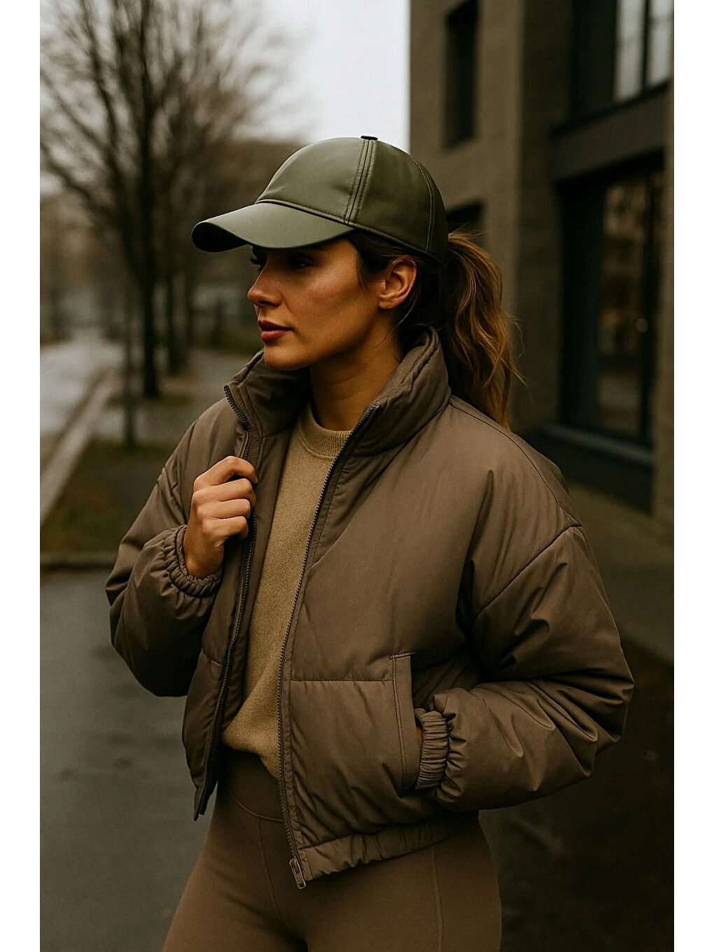 Unisex Haki Deri Kep Şapka SPK1104-1