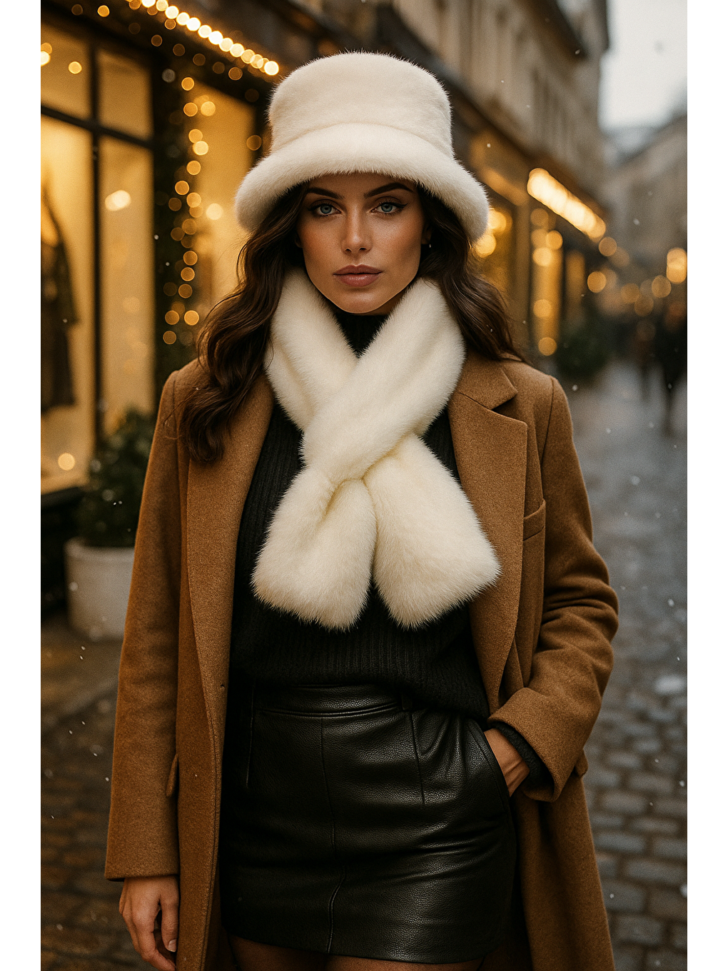 Kadın Ekru 2 li Set Pelüş Bucket Şapka Boyunluk Atkı Set01-1