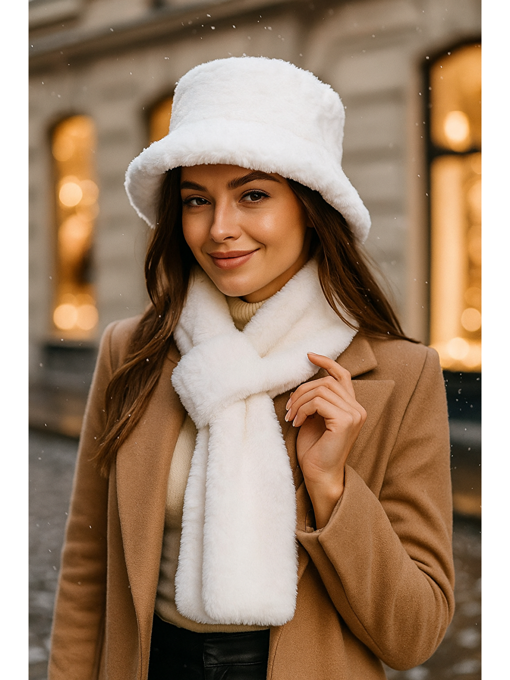 Kadın Ekru 2 li Set Pelüş Bucket Şapka Boyunluk Atkı Set01-2