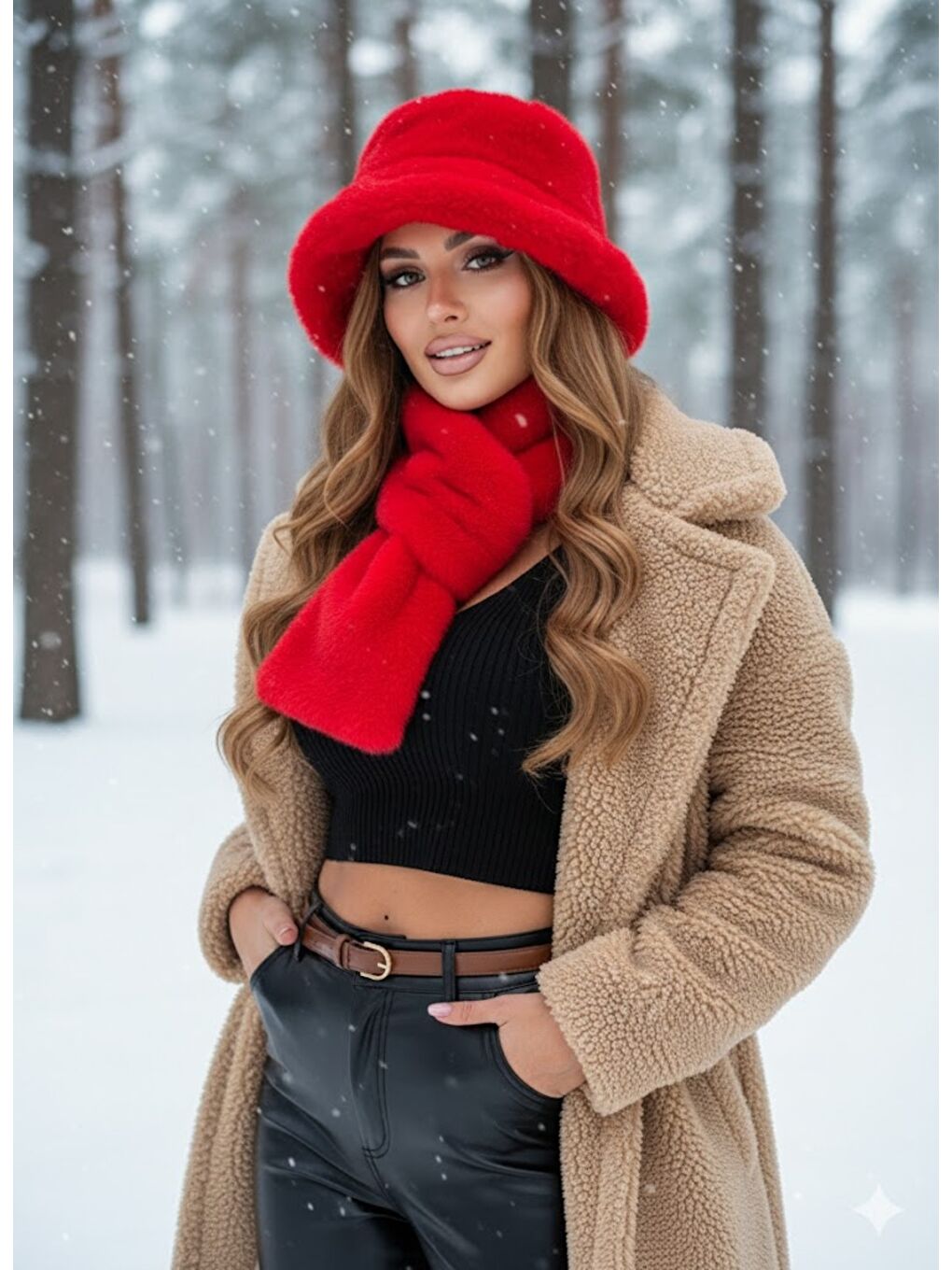 Kadın Kırmızı 2 li Set Pelüş Bucket Şapka Boyunluk Atkı Set01-1