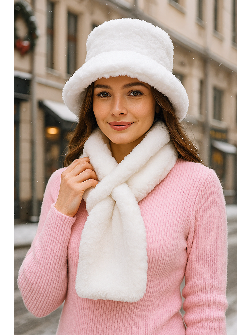 Kadın Ekru 2 li Set Pelüş Bucket Şapka Boyunluk Atkı Set01-3