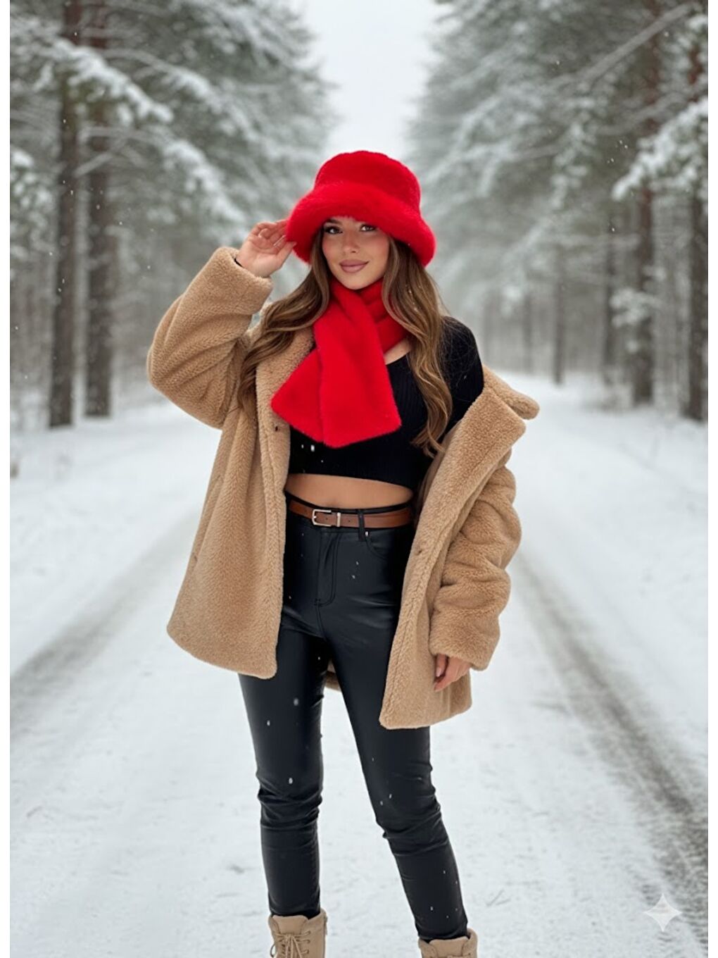 Kadın Kırmızı 2 li Set Pelüş Bucket Şapka Boyunluk Atkı Set01-2