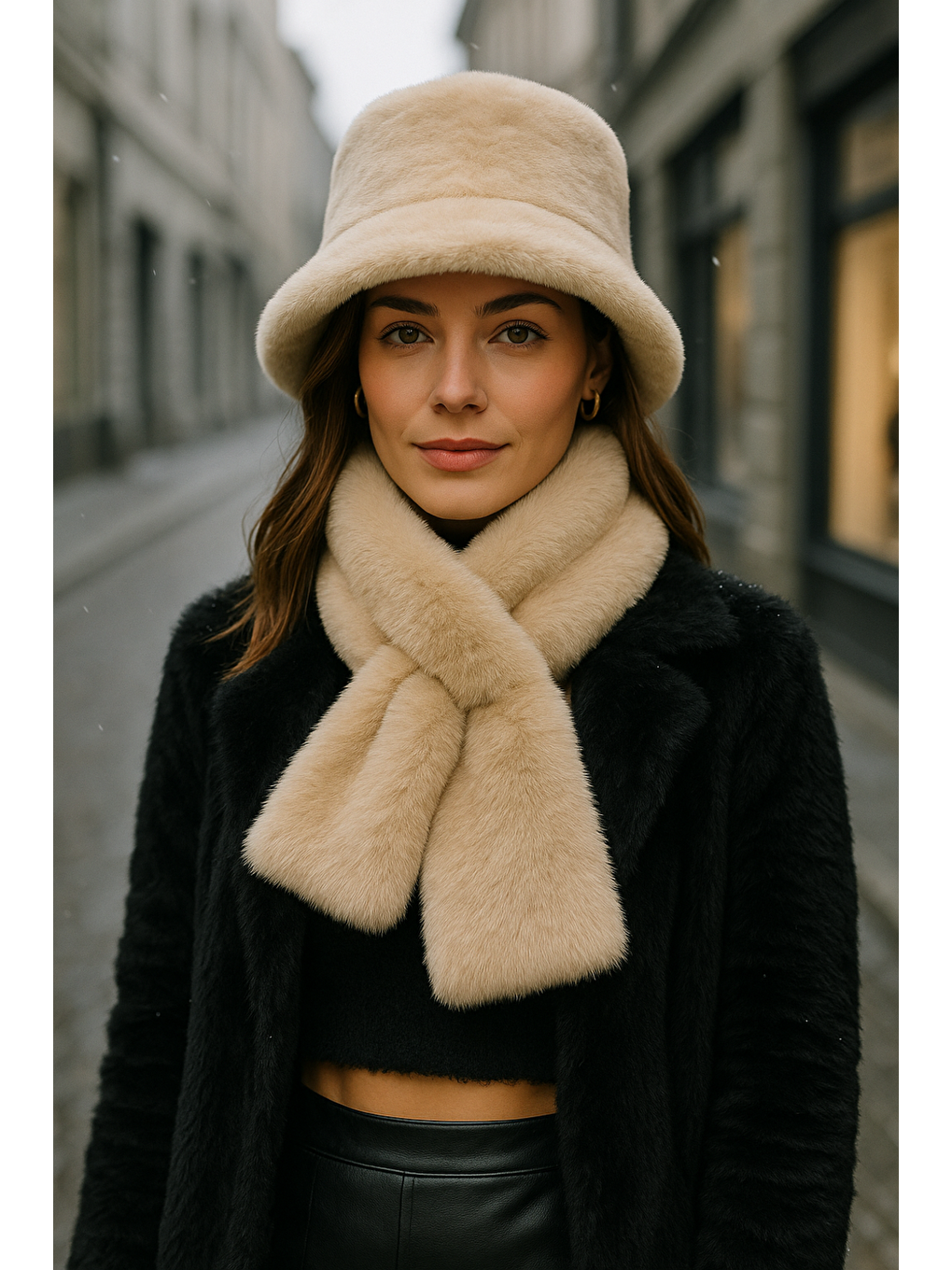 Kadın Bej 2 li Set Pelüş Bucket Şapka Boyunluk Atkı Set01-1