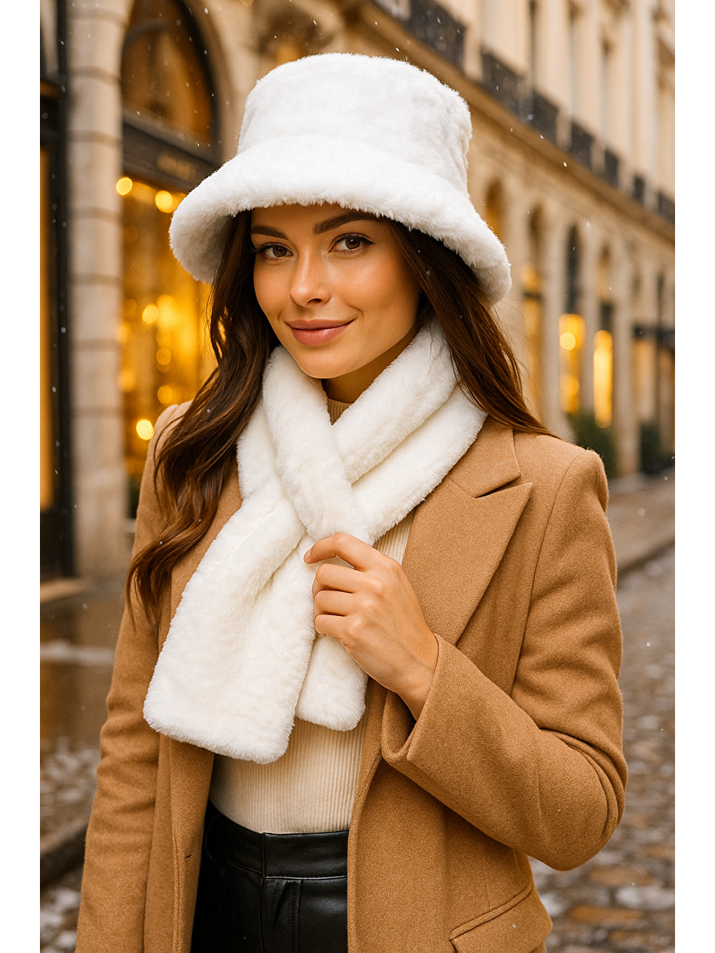 Kadın Ekru 2 li Set Pelüş Bucket Şapka Boyunluk Atkı Set01-4