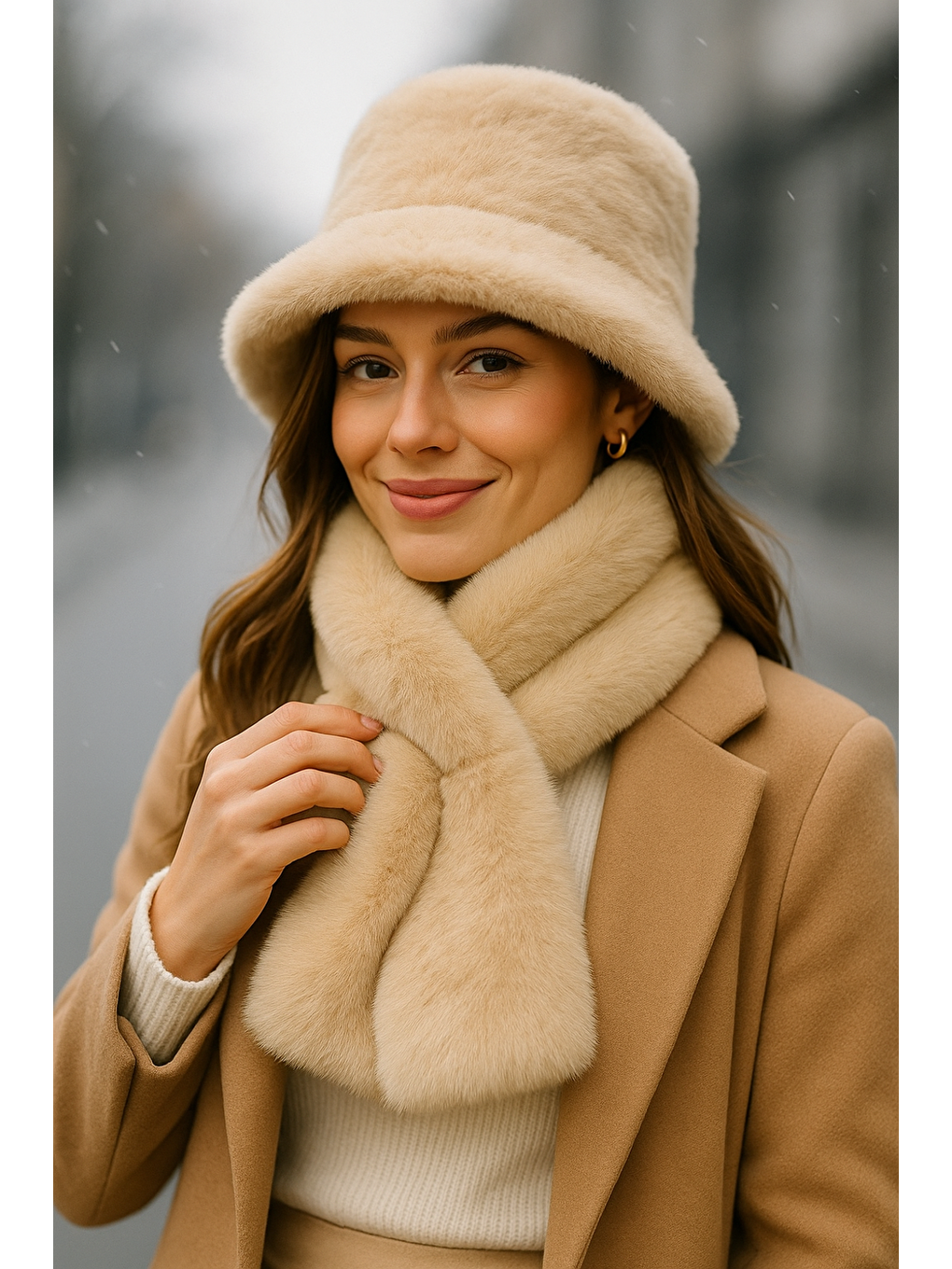 Kadın Bej 2 li Set Pelüş Bucket Şapka Boyunluk Atkı Set01-2