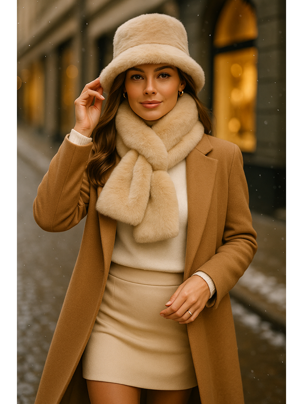 Kadın Bej 2 li Set Pelüş Bucket Şapka Boyunluk Atkı Set01-3