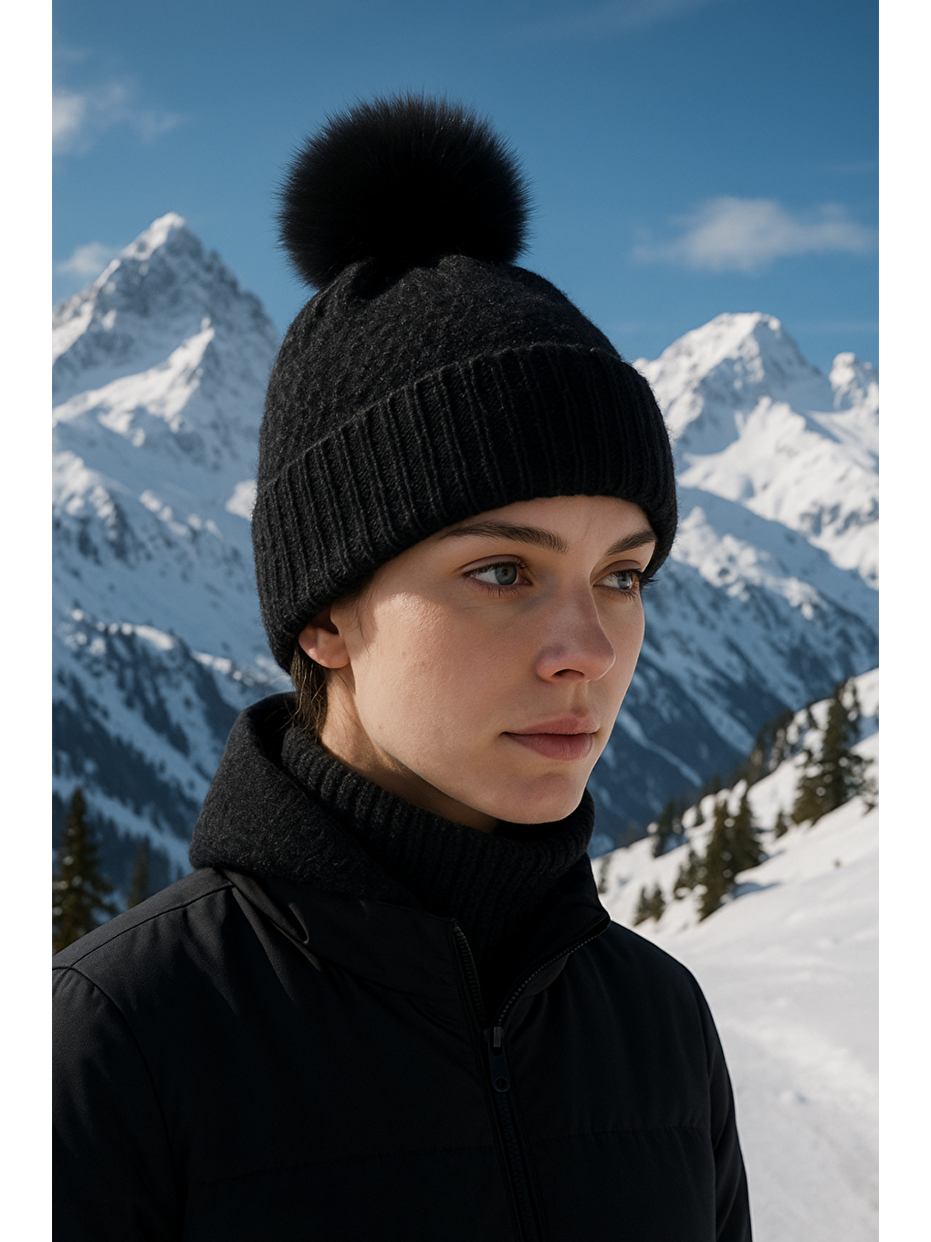 Ponponlu Siyah İçi Yünlü İthal Bere BERE1136-4