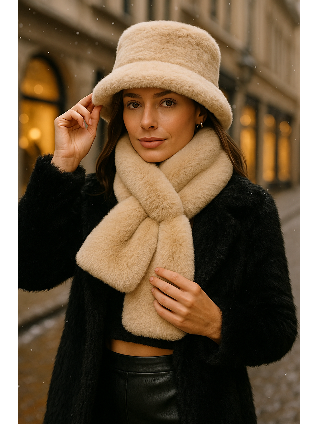 Kadın Bej 2 li Set Pelüş Bucket Şapka Boyunluk Atkı Set01-4