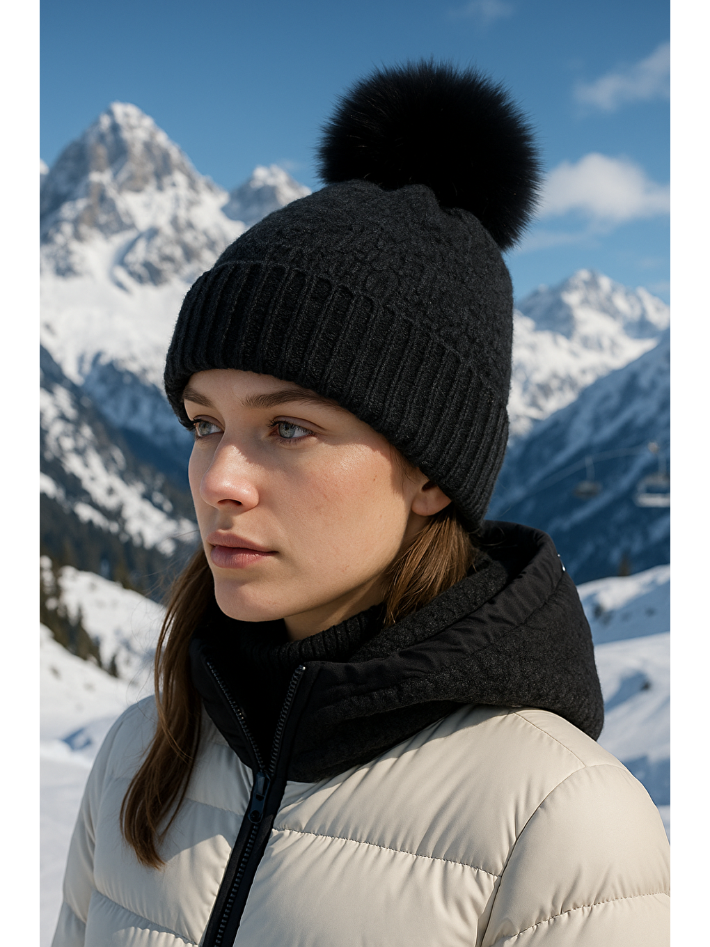 Ponponlu Siyah İçi Yünlü İthal Bere BERE1136-5