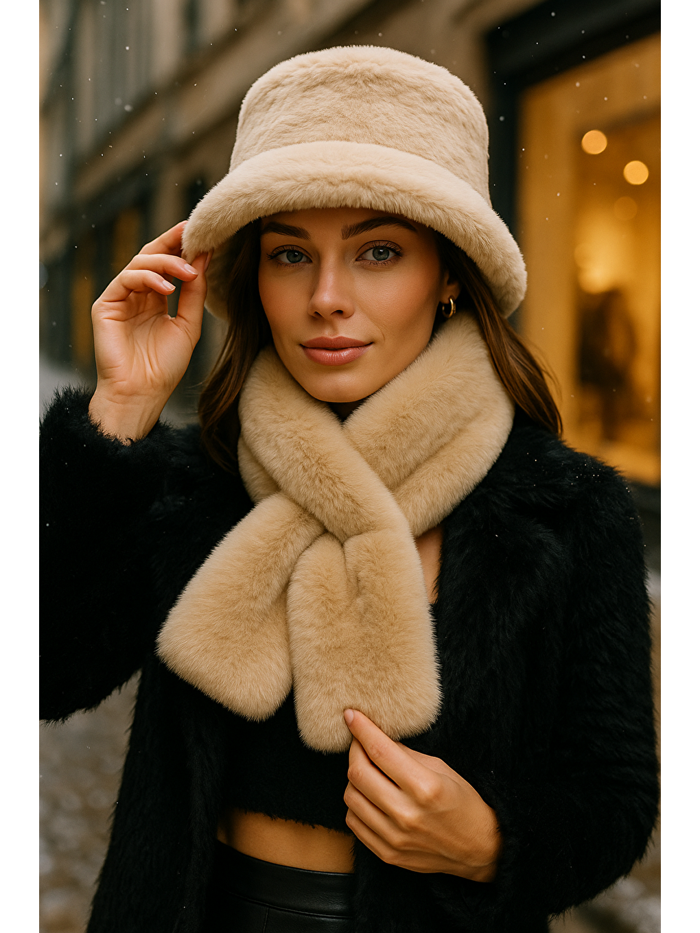 Kadın Bej 2 li Set Pelüş Bucket Şapka Boyunluk Atkı Set01-5