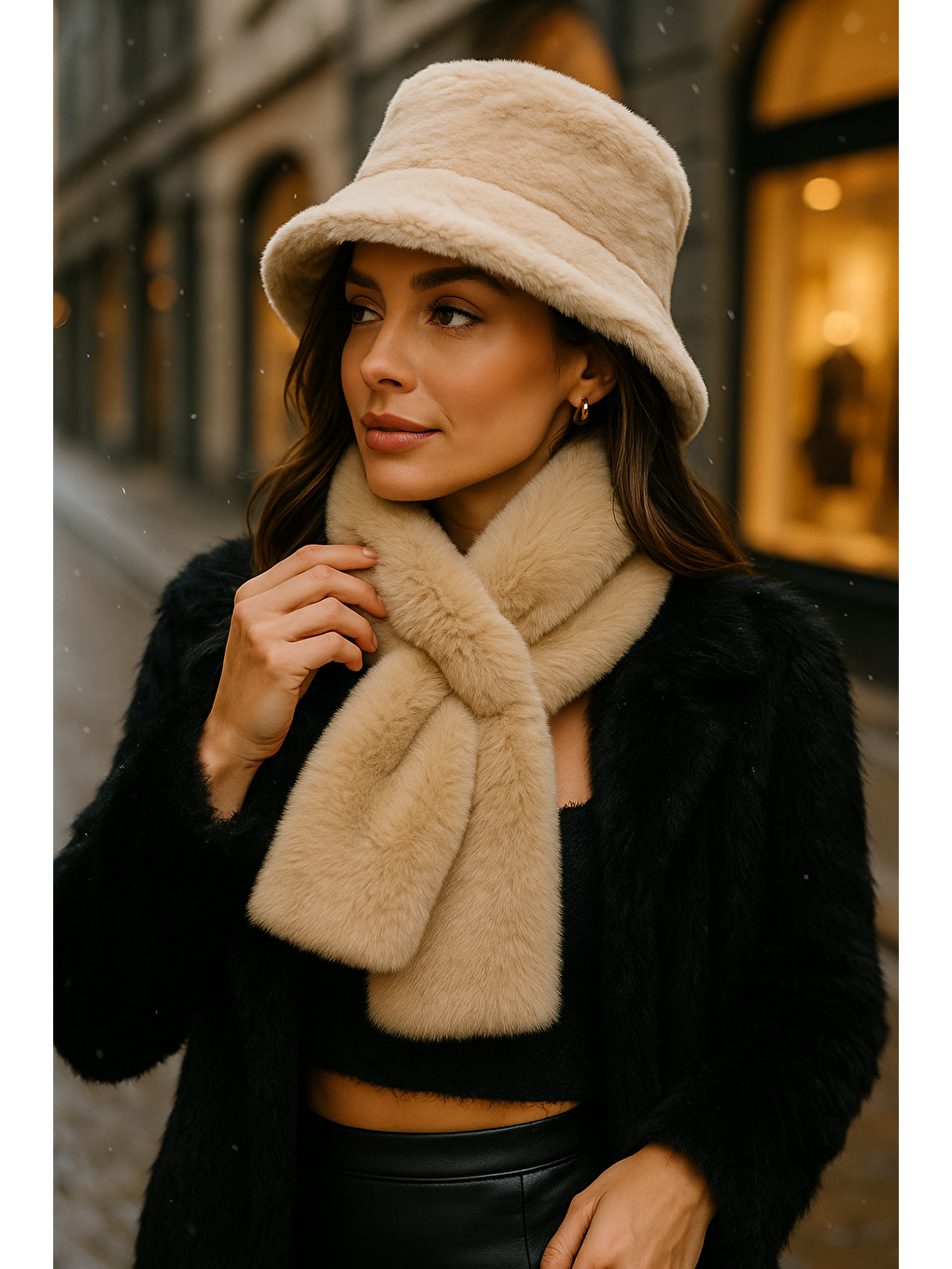 Kadın Bej 2 li Set Pelüş Bucket Şapka Boyunluk Atkı Set01-6