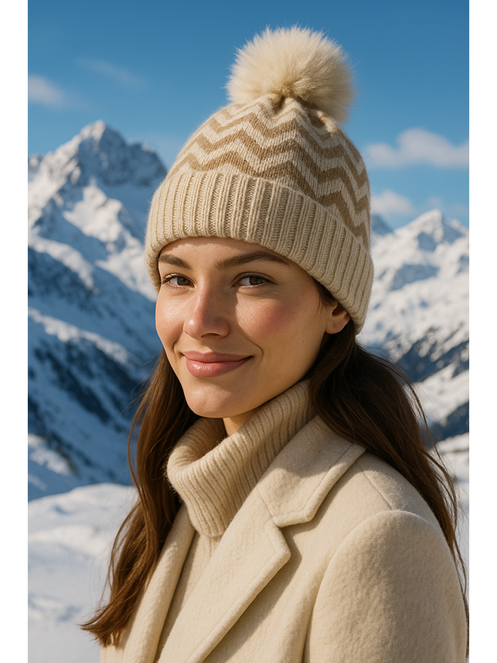 Bej Zigzag Desenli Içi Yünlü Ithal Triko Örgü Bere Bere1128-1