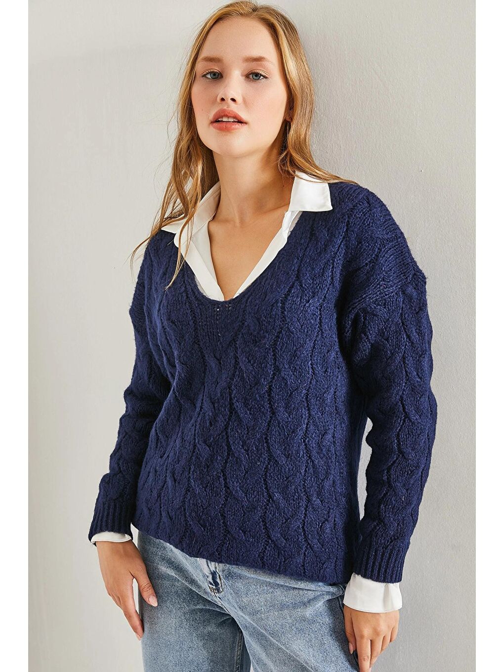 Lacivert Kadın Saç Örgü Desenli Triko Örme Kazak