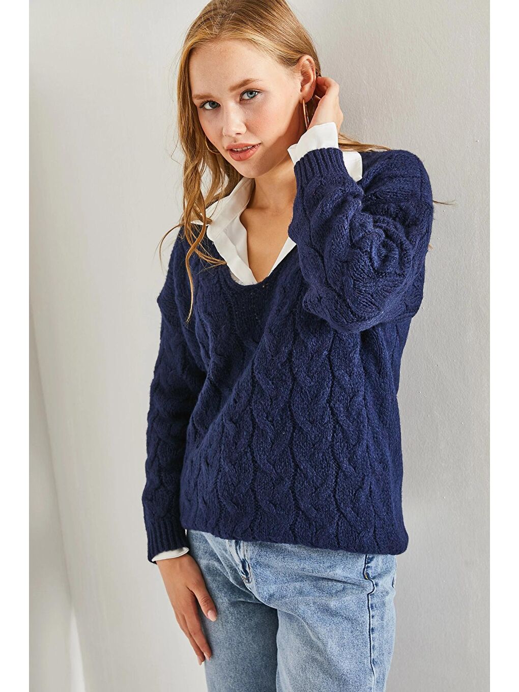 Lacivert Kadın Saç Örgü Desenli Triko Örme Kazak-1