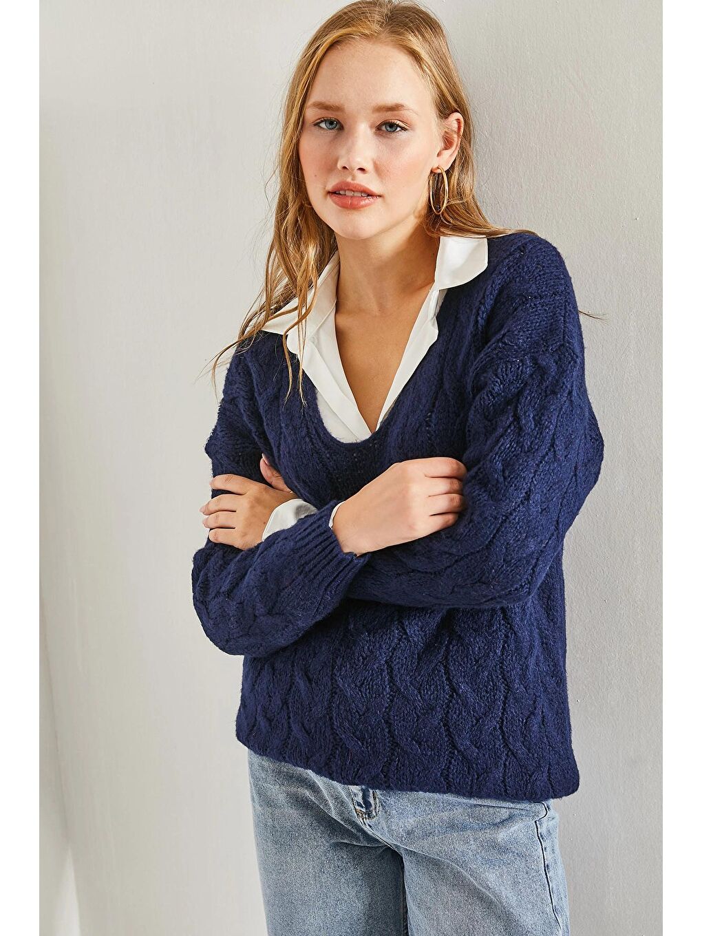 Lacivert Kadın Saç Örgü Desenli Triko Örme Kazak-2