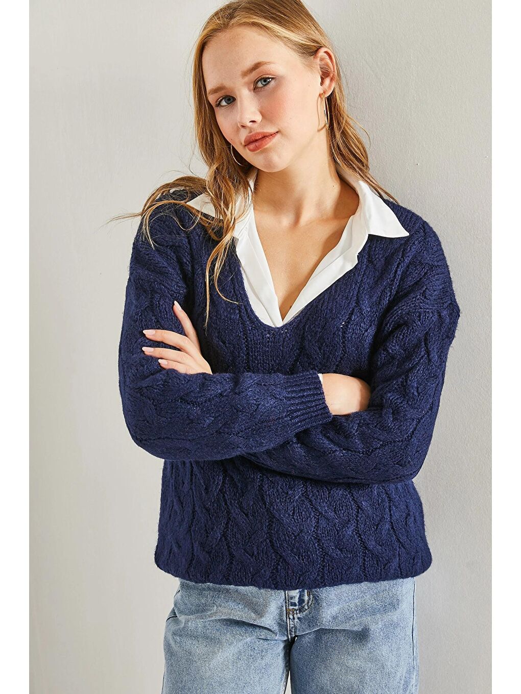 Lacivert Kadın Saç Örgü Desenli Triko Örme Kazak-3