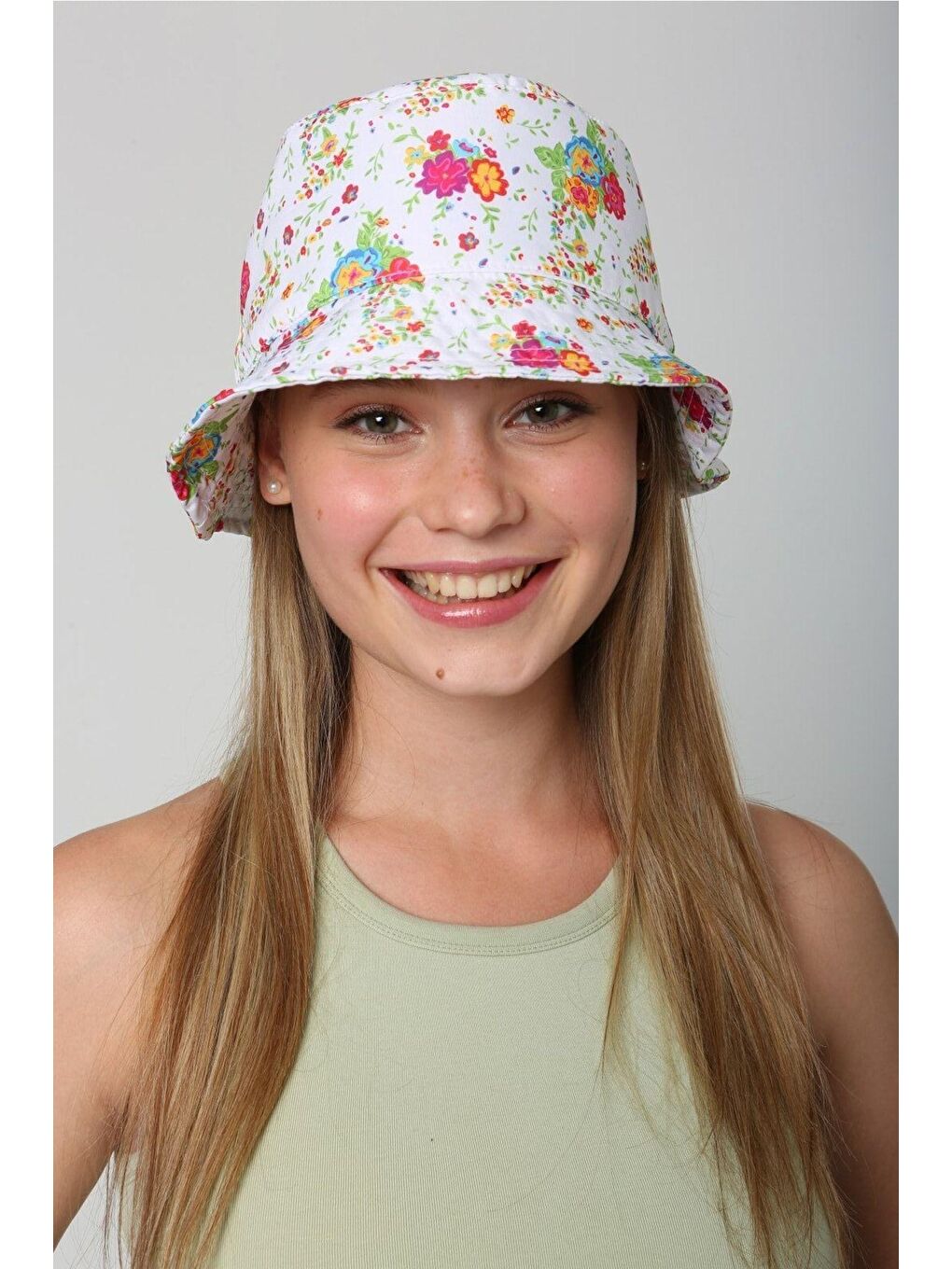 Kadın Beyaz Çiçekli Bucket Balıkçı Kova Şapka Spk81
