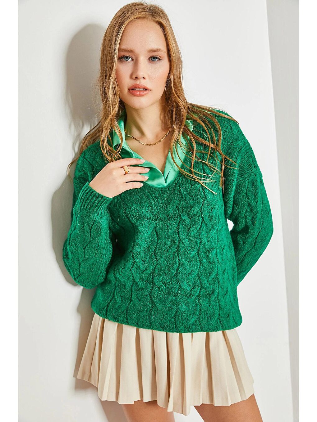 Yeşil Kadın Saç Örgü Desenli Triko Örme Kazak