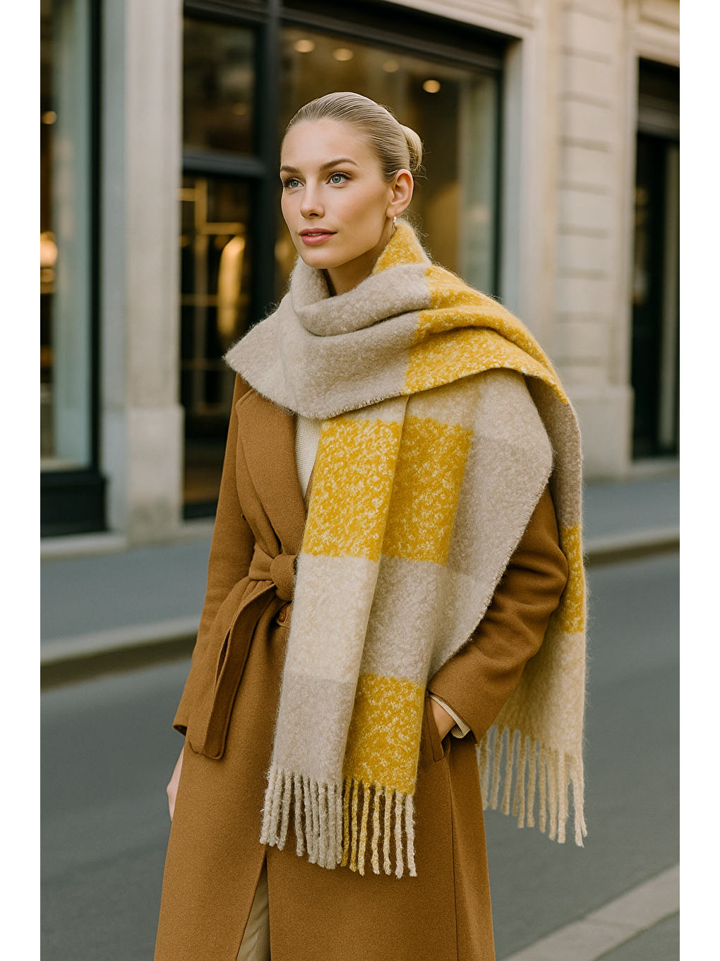 Kahverengi Kadın Safran Püsküllü Buklet Atkı - Şal 45x200 Cm Sal1284-1