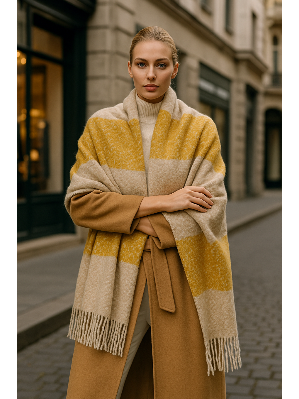 Kahverengi Kadın Safran Püsküllü Buklet Atkı - Şal 45x200 Cm Sal1284-2