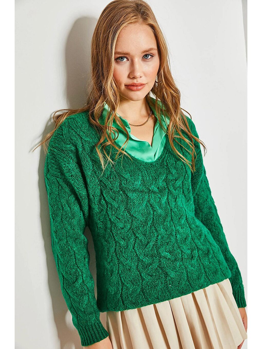 Yeşil Kadın Saç Örgü Desenli Triko Örme Kazak-1