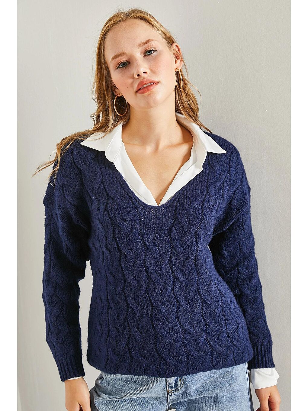 Lacivert Kadın Saç Örgü Desenli Triko Örme Kazak-4