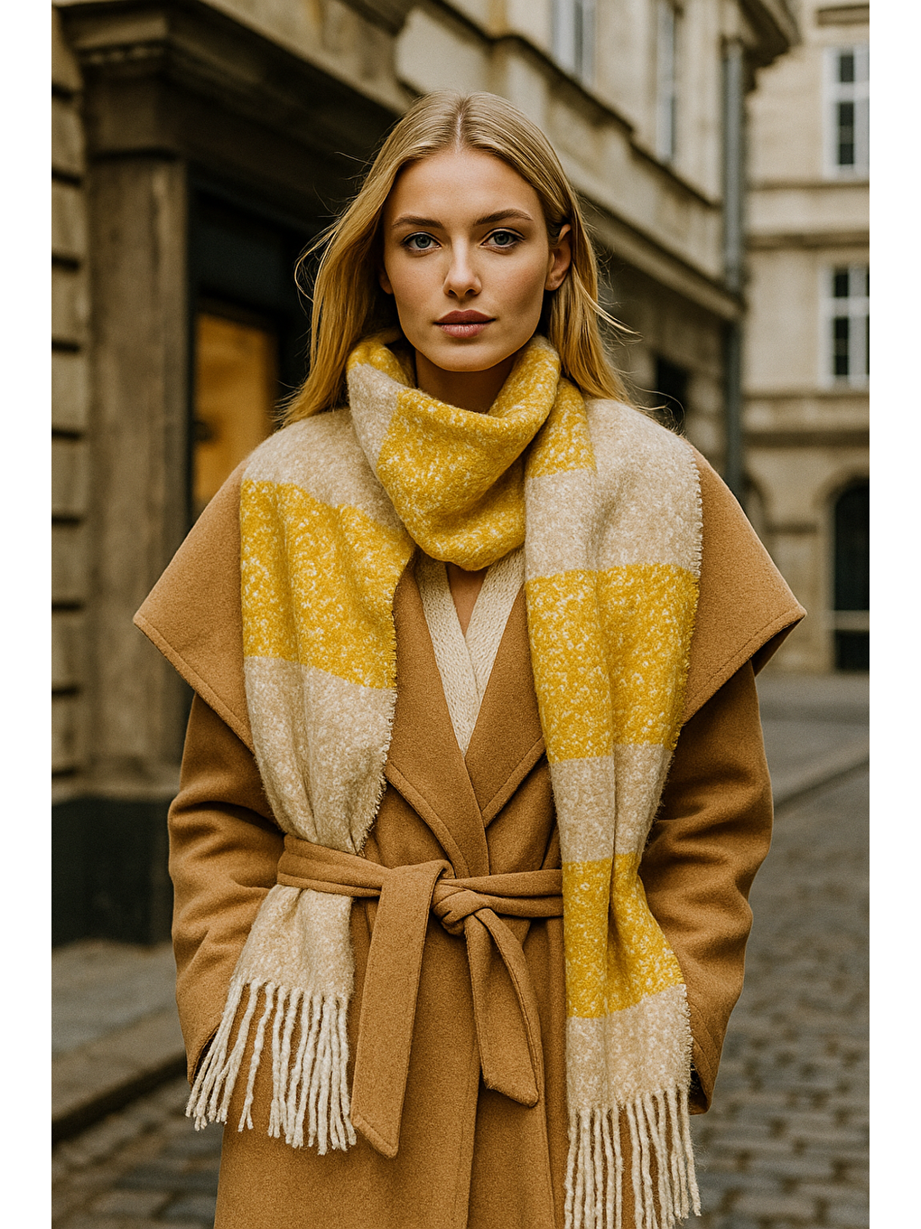Kahverengi Kadın Safran Püsküllü Buklet Atkı - Şal 45x200 Cm Sal1284-3