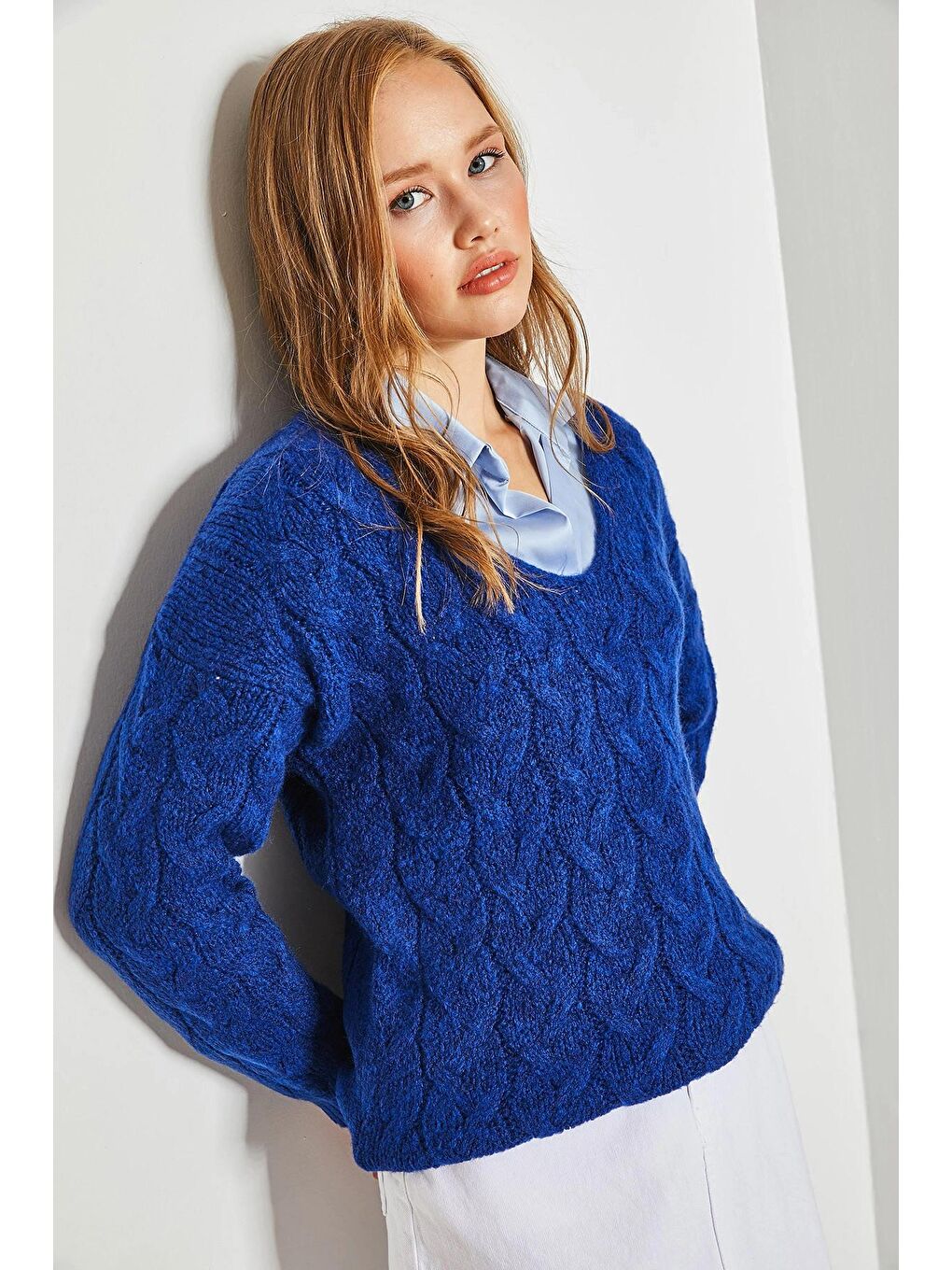 Mavi Kadın Saç Örgü Desenli Triko Örme Kazak-2