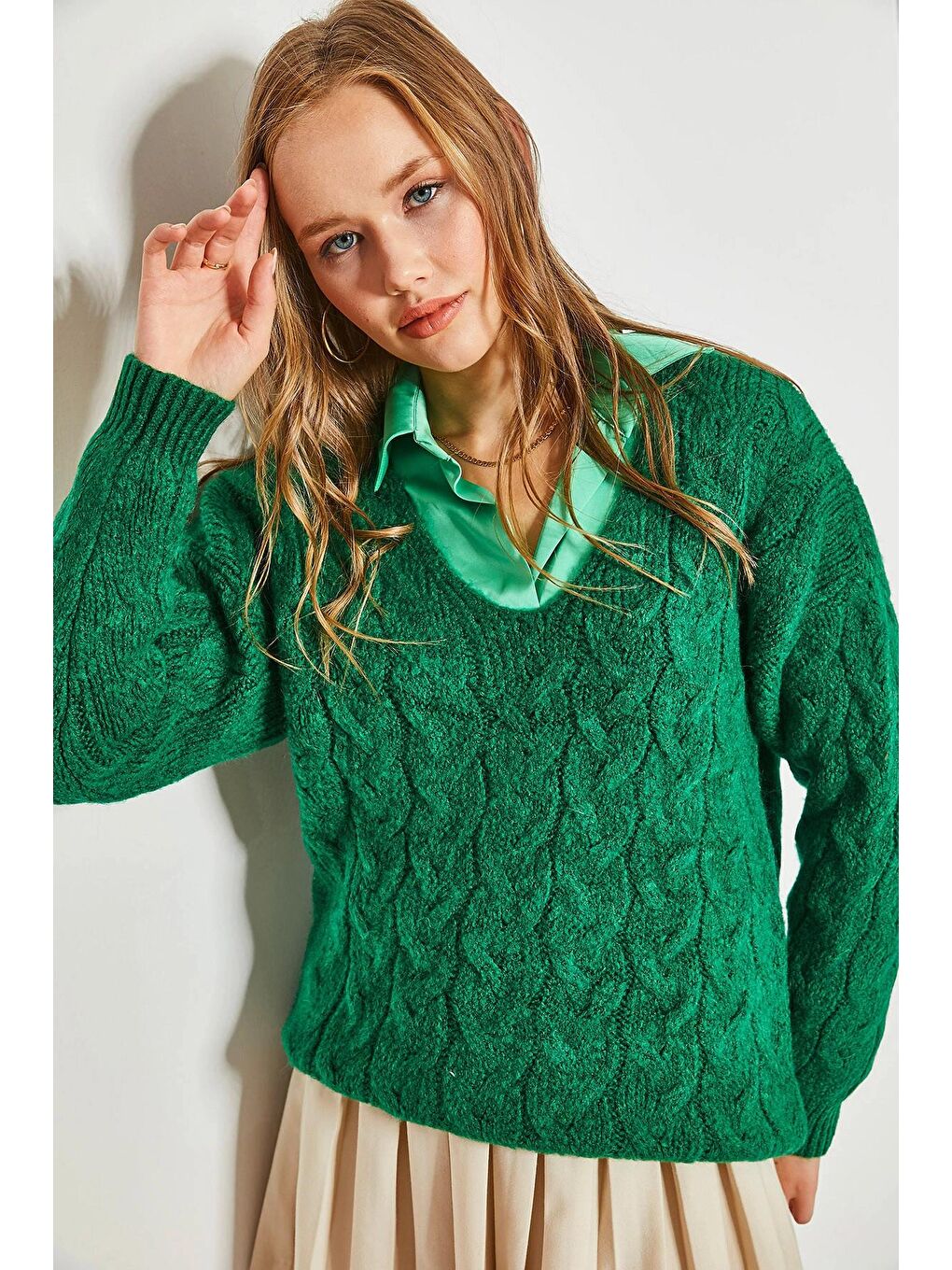 Yeşil Kadın Saç Örgü Desenli Triko Örme Kazak-2