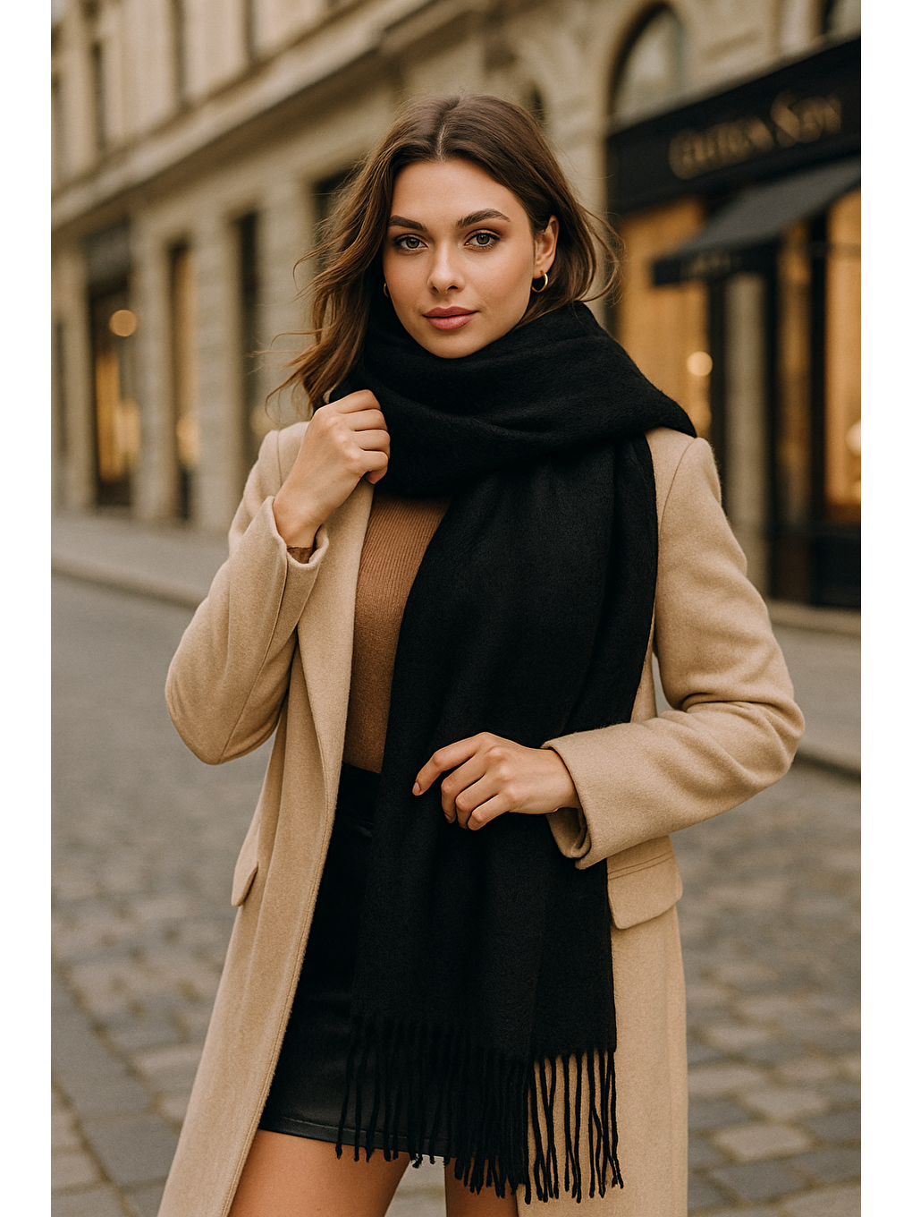 Uzun Siyah Kalın Dokulu Püsküllü Unisex Atkı   Sıcak Ve Kış Nesnesi Sal1285-1