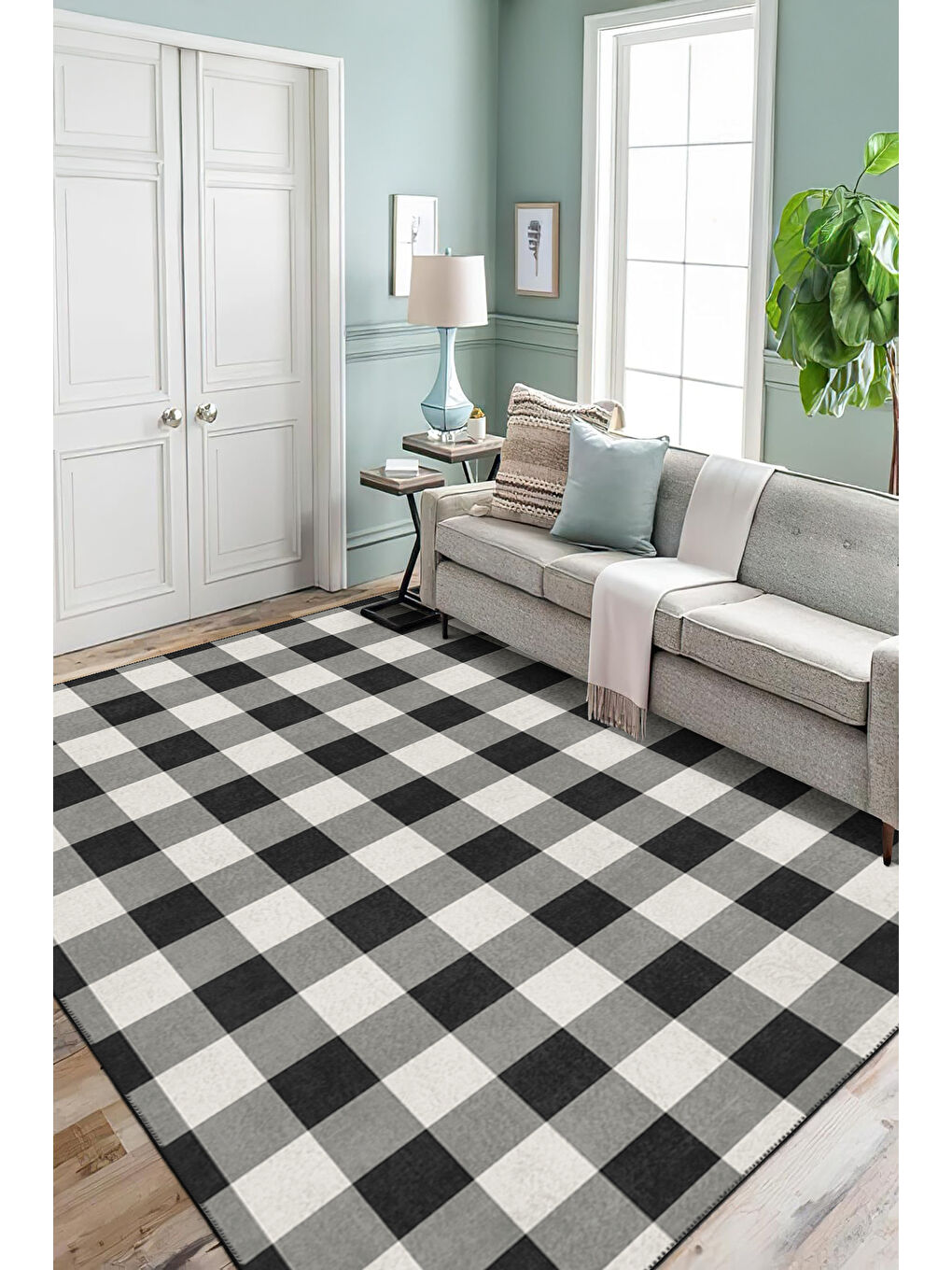 Siyah Dekoratif Özel Tasarım Yıkanabilir İnce Kaymaz Tabanlı Modern Halı KECE FR31-2