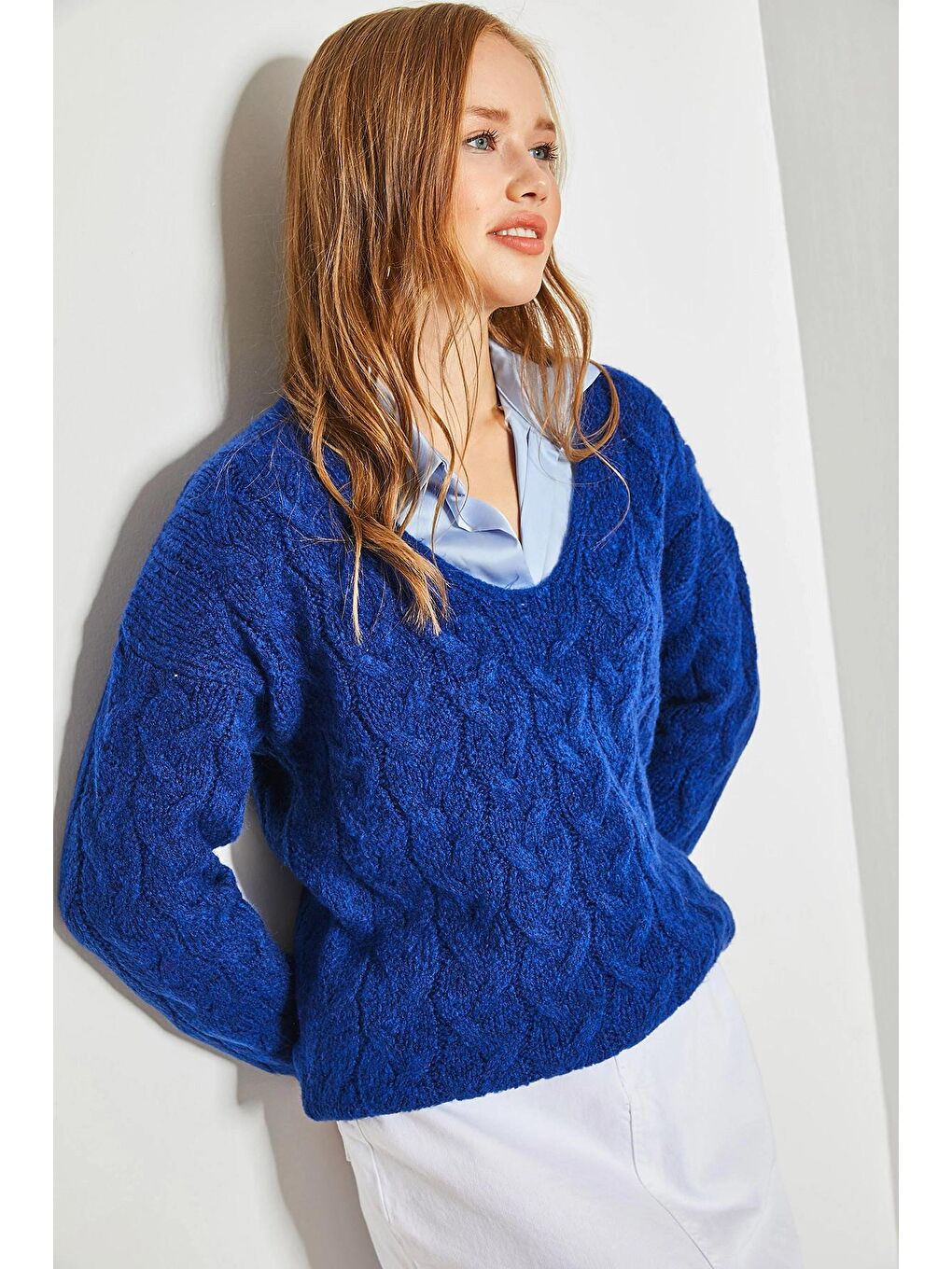 Mavi Kadın Saç Örgü Desenli Triko Örme Kazak-3