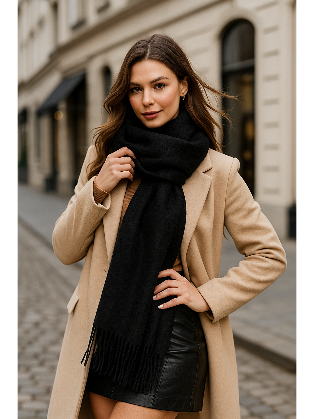 Uzun Siyah Kalın Dokulu Püsküllü Unisex Atkı   Sıcak Ve Kış Nesnesi Sal1285-2