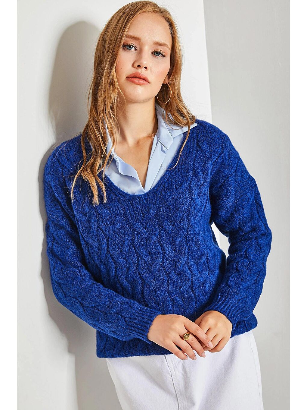 Mavi Kadın Saç Örgü Desenli Triko Örme Kazak-4